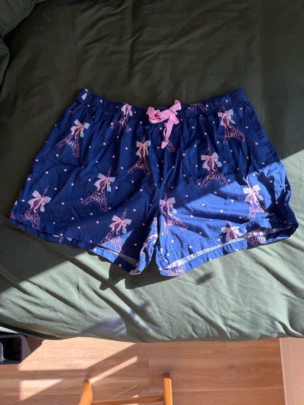 Navy Blue Paris Eiffel Print Lounge Shorts with Pink Drawstring